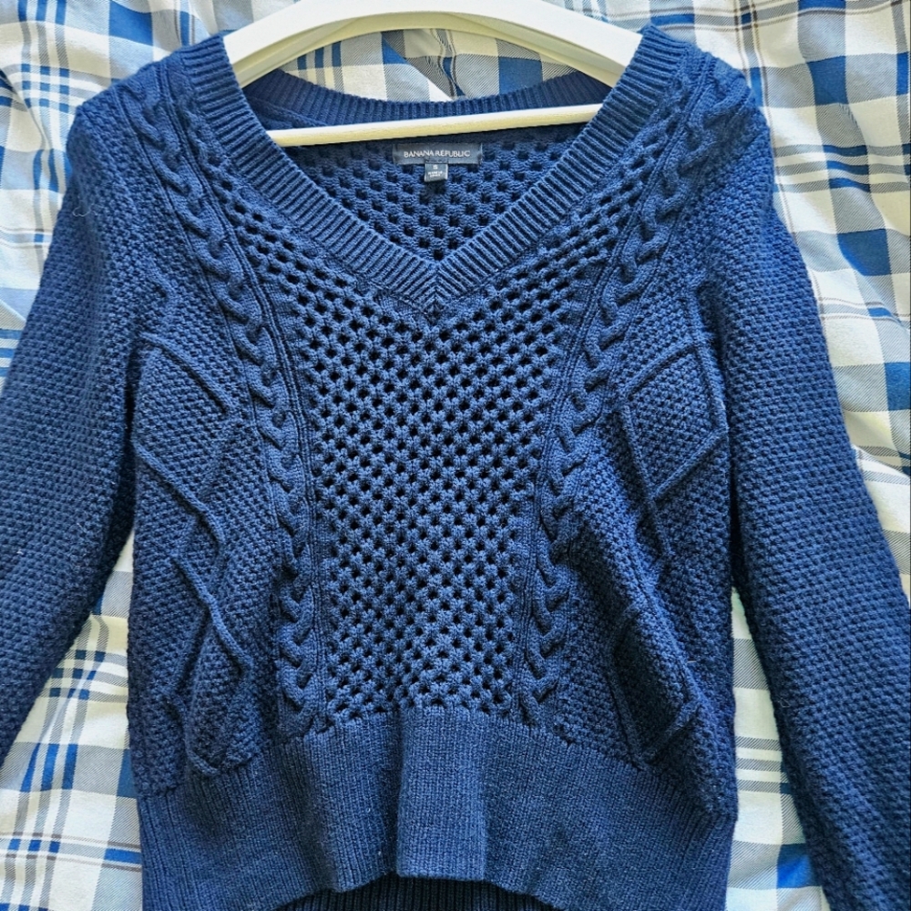 Banana Republic Women's Navy Blue Cable Knit Wide Neck Pull Over Sweater